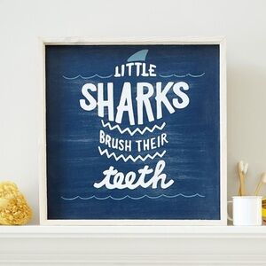 Little Sharks Brush Their Teeth Navy wall pottery, barn, 18"x18"